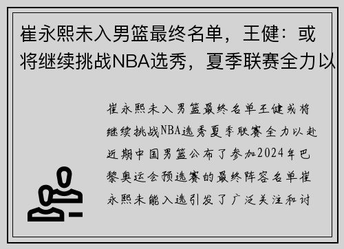 崔永熙未入男篮最终名单，王健：或将继续挑战NBA选秀，夏季联赛全力以赴
