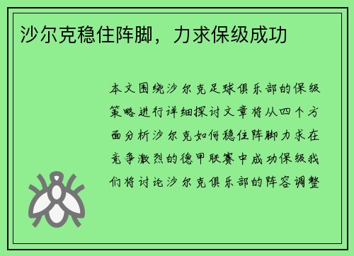沙尔克稳住阵脚，力求保级成功