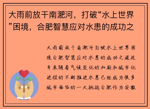 大雨前放干南淝河，打破“水上世界”困境，合肥智慧应对水患的成功之道