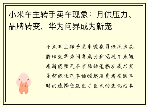 小米车主转手卖车现象：月供压力、品牌转变，华为问界成为新宠